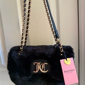 Juicy Couture Black Faux Fur Chain Shoulder Bag